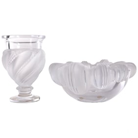 Lalique Frosted Crystal Athena Bowl & Vase 2pc LOT
