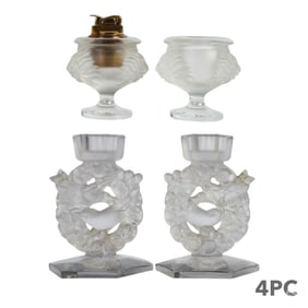 Lalique Lion Smoking Set and Candlesticks 4pc LOT