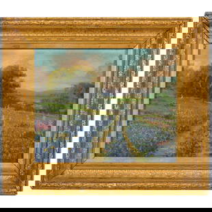 Impressionist Texas Bluebonnet Landscape Painting: Antique original oil painting on board depicting a vibrant field of bluebonnets beneath a bright sky, with a winding path leading into the distance. Rolling hills and scattered trees add depth and bal