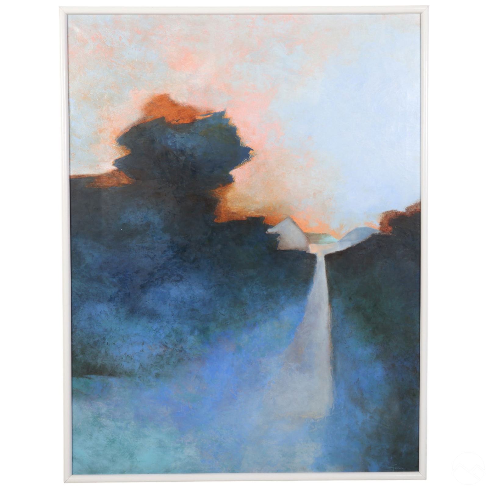 Claude Gaveau 1940-2021 Chemin Landscape Painting: Claude Gaveau (French, 1940-2021), Le Chemin, original oil on canvas depicting an abstracted landscape in atmospheric tones of dusk blue, rose, and tangerine. The composition reflects Gaveau's signatu
