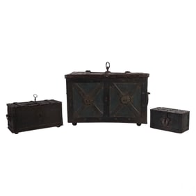 Antique European Forged Iron Strong Boxes 3pc LOT