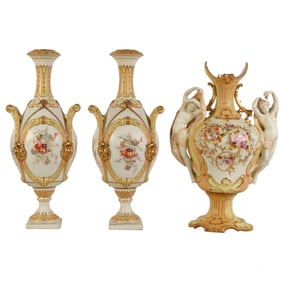 Edwardian Porcelain Vase Urn w/ Garniture 3pc SET