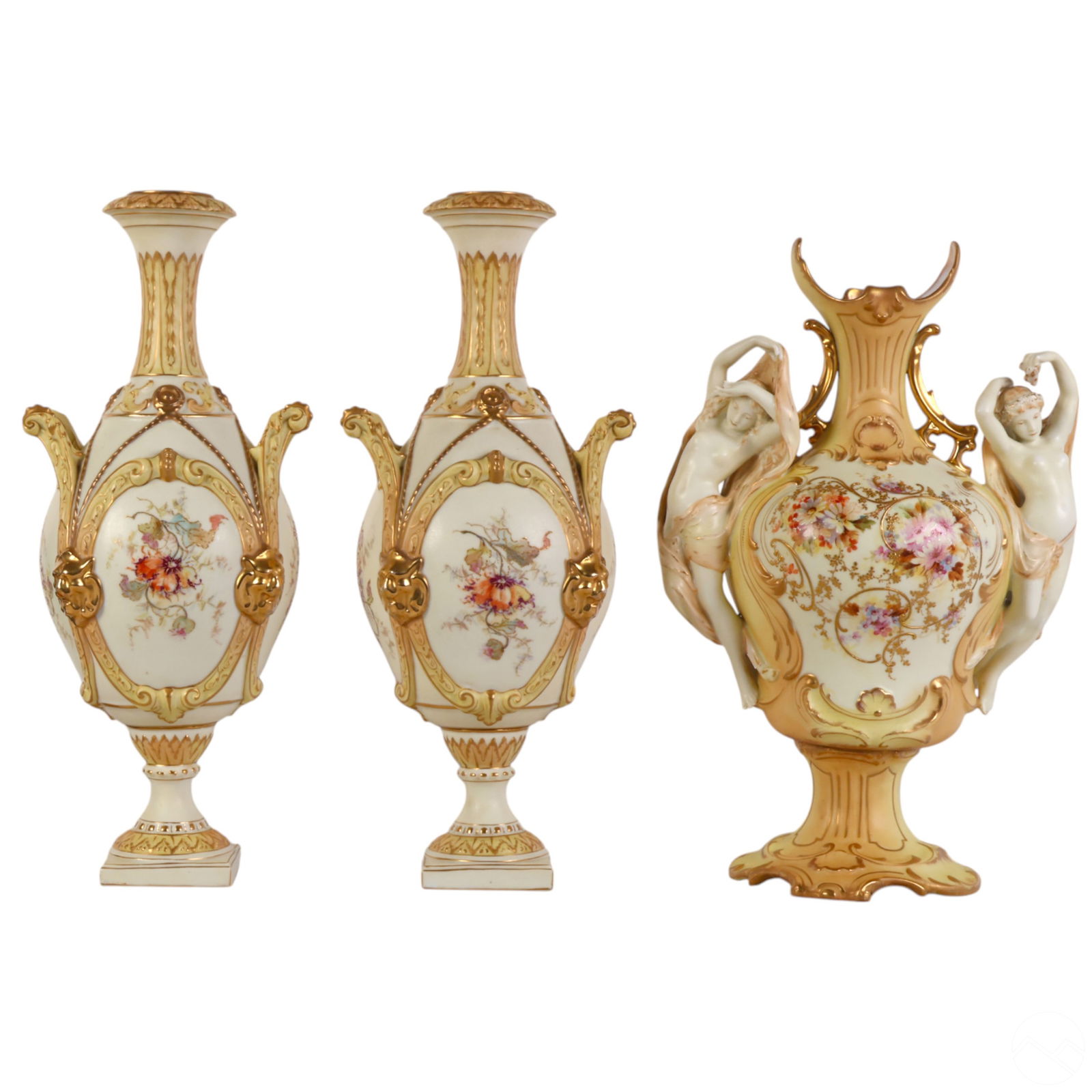 Edwardian Porcelain Vase Urn w/ Garniture 3pc SET: Three-piece antique porcelain urn garniture set featuring hand-painted floral cartouches and gold accents. The central urn is adorned with classical nude female figures emerging from the sides, while