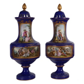 Pair of Sevres Style Painted Porcelain Lidded Urns