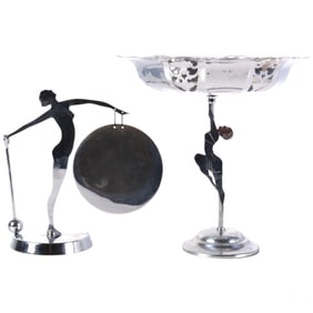 Art Deco Figural Chrome Dinner Gong and Compote