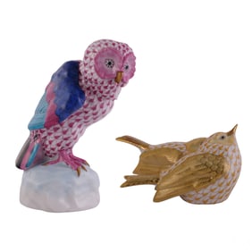 Herend Hungary Fishnet Owl & Love Bird Figures LOT
