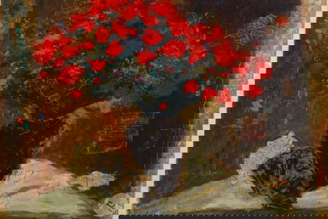 Roy Fairchild-Woodard b.1953 Flowers Litho SIGNED: Roy Fairchild-Woodard (British, born 1953), Red Flower, color lithograph on paper depicting an impressionist still life composition with red blossoms arranged in a vase atop a table. The scene is rend