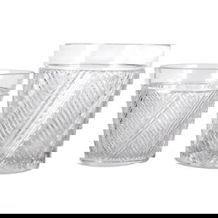 Ralph Lauren Herringbone Champagne Ice Bucket 2pc: Ralph Lauren pair of cut crystal vessels featuring elegant cylindrical forms and deep-cut herringbone (chevron) patterns. The set includes one champagne bucket measuring approximately 8.5" x 7.5" x 7.