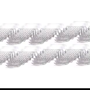 Ralph Lauren Herringbone Crystal Roly Poly 8pc SET: Ralph Lauren set of eight cut crystal roly poly glasses, each crafted with a rounded silhouette and gently tapering sides. The exterior features deep herringbone chevron cuts that catch the light and