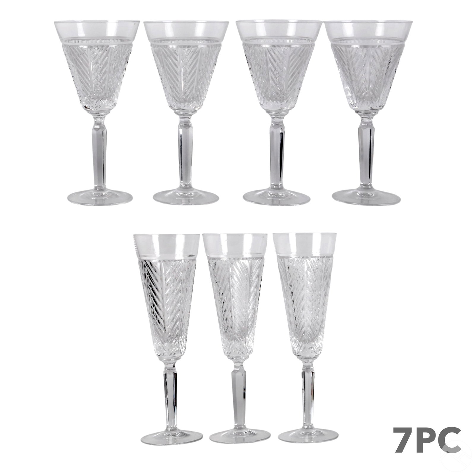 Ralph Lauren Herringbone Champagne Wine Glass LOT: Ralph Lauren herringbone cut crystal stemware set including three fluted champagne glasses and four red wine glasses, each measuring approximately 9 inches in height. The glasses feature rounded bowls