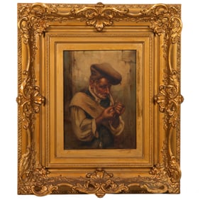 Antique Portrait of Man Lighting a Pipe Painting