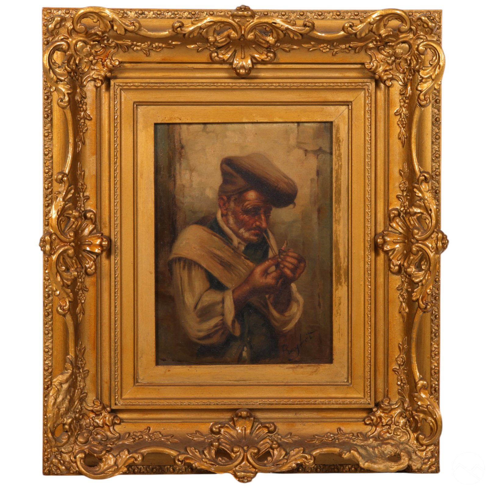 Antique Portrait of Man Lighting a Pipe Painting: Early 20th century oil on canvas painting depicting a sailor or fisherman lighting a pipe. The figure is rendered with rugged facial features and weathered hands, dressed in a beret and a draped garme