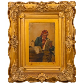 Antique Old Man Reading Document Painting SIGNED