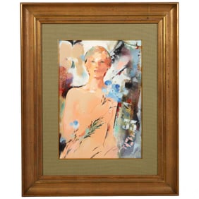Female Nude with Flowers Portrait Painting SIGNED