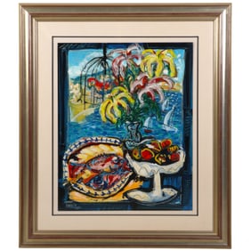 Window with Lilies and Seafood Still Life Painting
