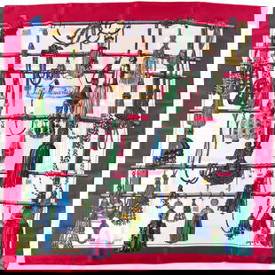 Hermes Vintage Passementerie 35" x 35" Silk Scarf: Hermes Paris Passementerie silk scarf, designed by Françoise Faconnet, featuring an elaborate illustration of ornamental tassels, cords, and trims arranged in a symmetrical composition. Rendered in r