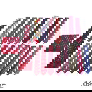 Hermes French Designer Silk Neckties - ESTATE LOT: Hermes collection of sixteen silk neckties, each showcasing a distinctive pattern including equestrian themes, interlocking chains, stylized riders, airplanes, geometric repeats, and Hermes "H" motifs