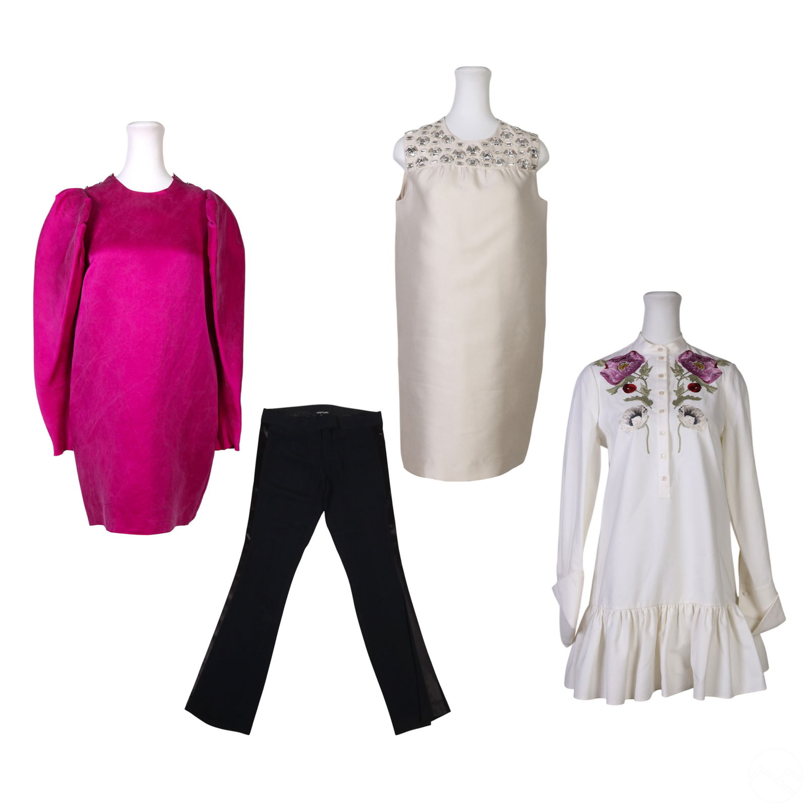 Tom Ford Mcqueen Lanvin Prada Luxury Garment LOT: Lot of four high-end designer garments by Prada, Lanvin, Alexander McQueen, and Tom Ford, each retaining original designer labels. Includes a Prada ivory silk sleeveless top featuring faceted rhinesto