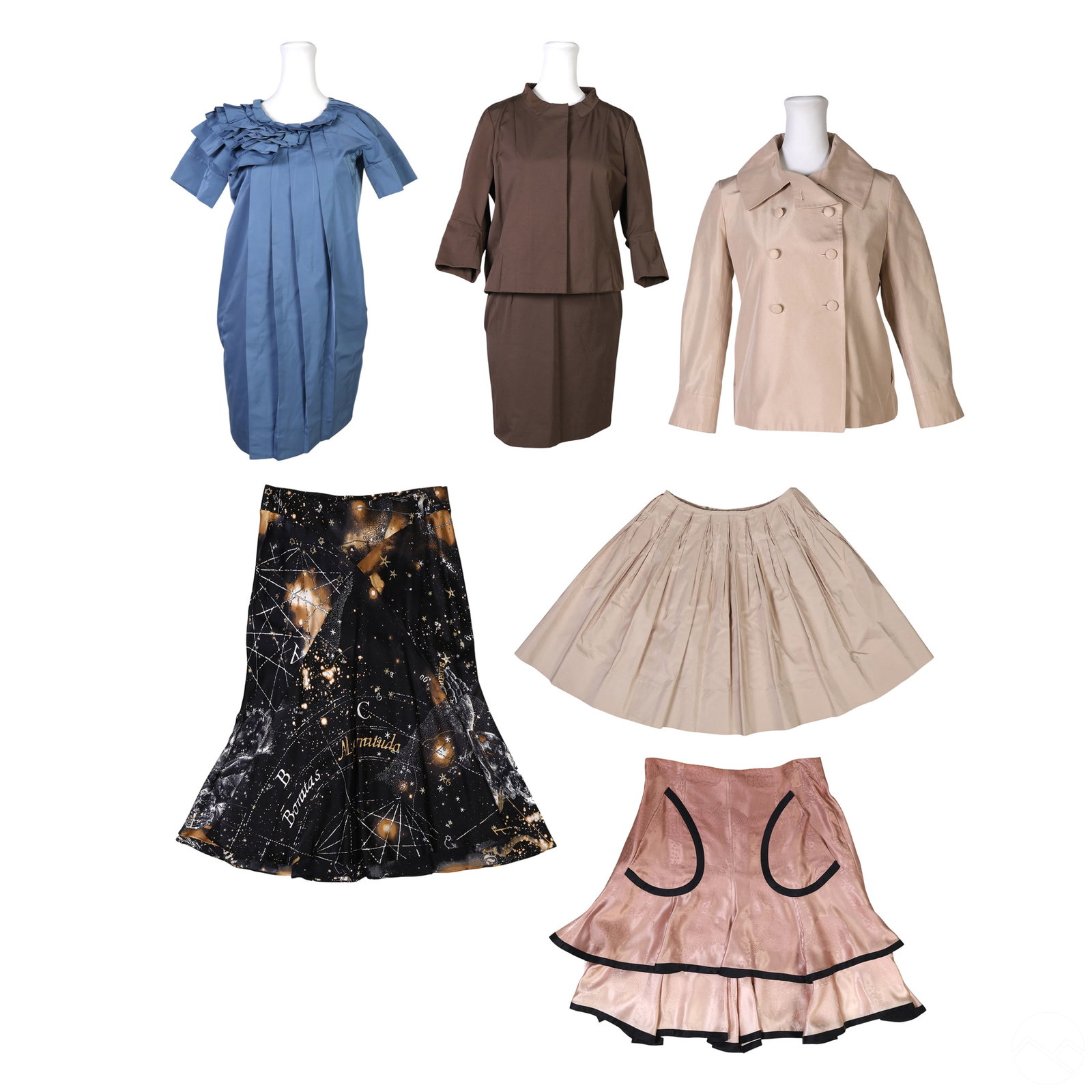 Martin Grant Marni Chloe Cavali Luxury Garment LOT: Estate lot of seven European women's designer garments by Martin Grant, Marni, Chloe, and Roberto Cavalli. Includes a Martin Grant Paris two-piece ivory ensemble with a cropped double-breasted jacket