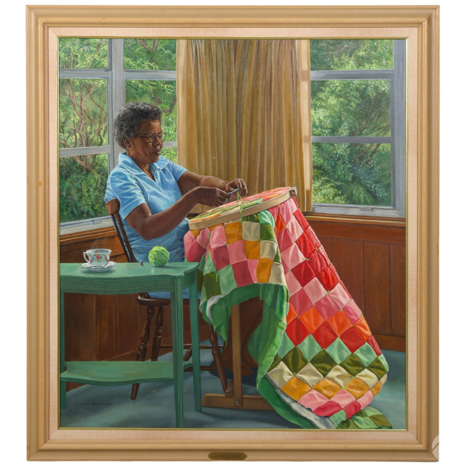 Ann Barnes 1921-2015 Lu and Her Quilt Oil Painting: Ann Barnes (American, 1921-2015), Lu and Her Quilt, original oil on canvas, 1979. The composition captures an African American woman seated in a sunlit interior, meticulously sewing a vibrant patchwor