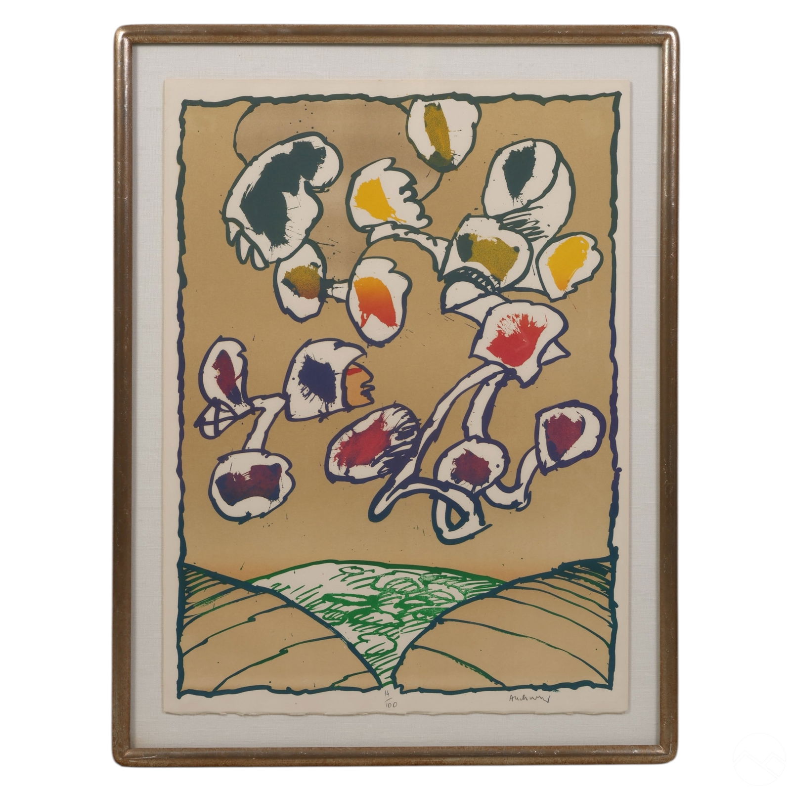 Pierre Alechinsky b.1927 Abstract LE Litho SIGNED: Pierre Alechinsky (Dutch, born 1927), Flying Objects, limited edition color lithograph on paper. The composition features a whimsical arrangement of biomorphic and organic forms hovering above a styli