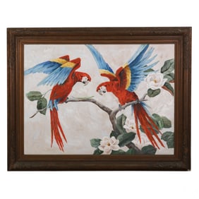 Ethel T. Welch 20C Macaws Palm Beach Oil Painting