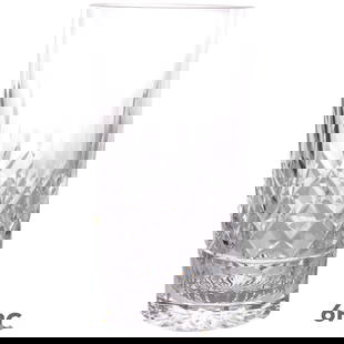 Waterford Crystal Lismore Highball Glasses 6pc SET: Set of six Waterford Irish crystal highball cocktail glasses in the Lismore pattern, featuring diamond and upward-flowing wedge cuts. Each glass is marked "Waterford" on the base. Description created