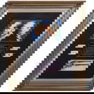 Hamilton and Burr Historic 1804 Duel Relic Display: Historical display commemorating the infamous 1804 duel between Aaron Burr and Alexander Hamilton, mounted in a gilt-trimmed shadowbox frame with black velvet backing. The presentation includes a docu