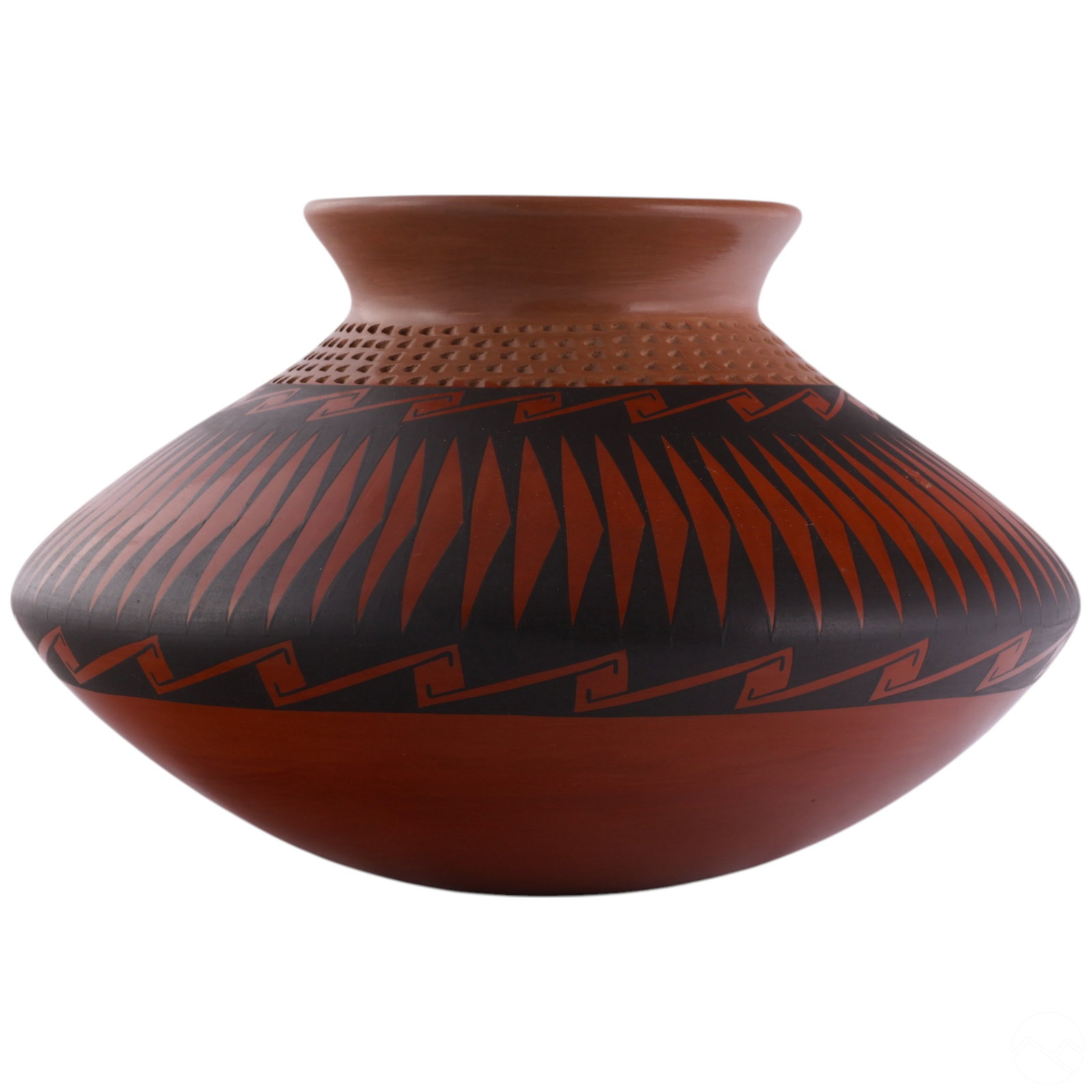 Armando Silveira Ortiz Southwestern Pottery Vessel: Armando Silveira (Mexican, 20th century), a handmade Mexican pottery vessel featuring incised geometric patterns and a textured upper band. Painted stepped motifs wrap around the shoulder. The vessel 
