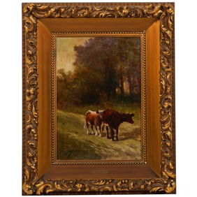 F Hougette Antique Pastoral Cows on Path Painting