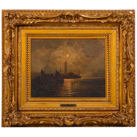 Mary E. King 1899-1991 Moonlit Harbor Oil Painting