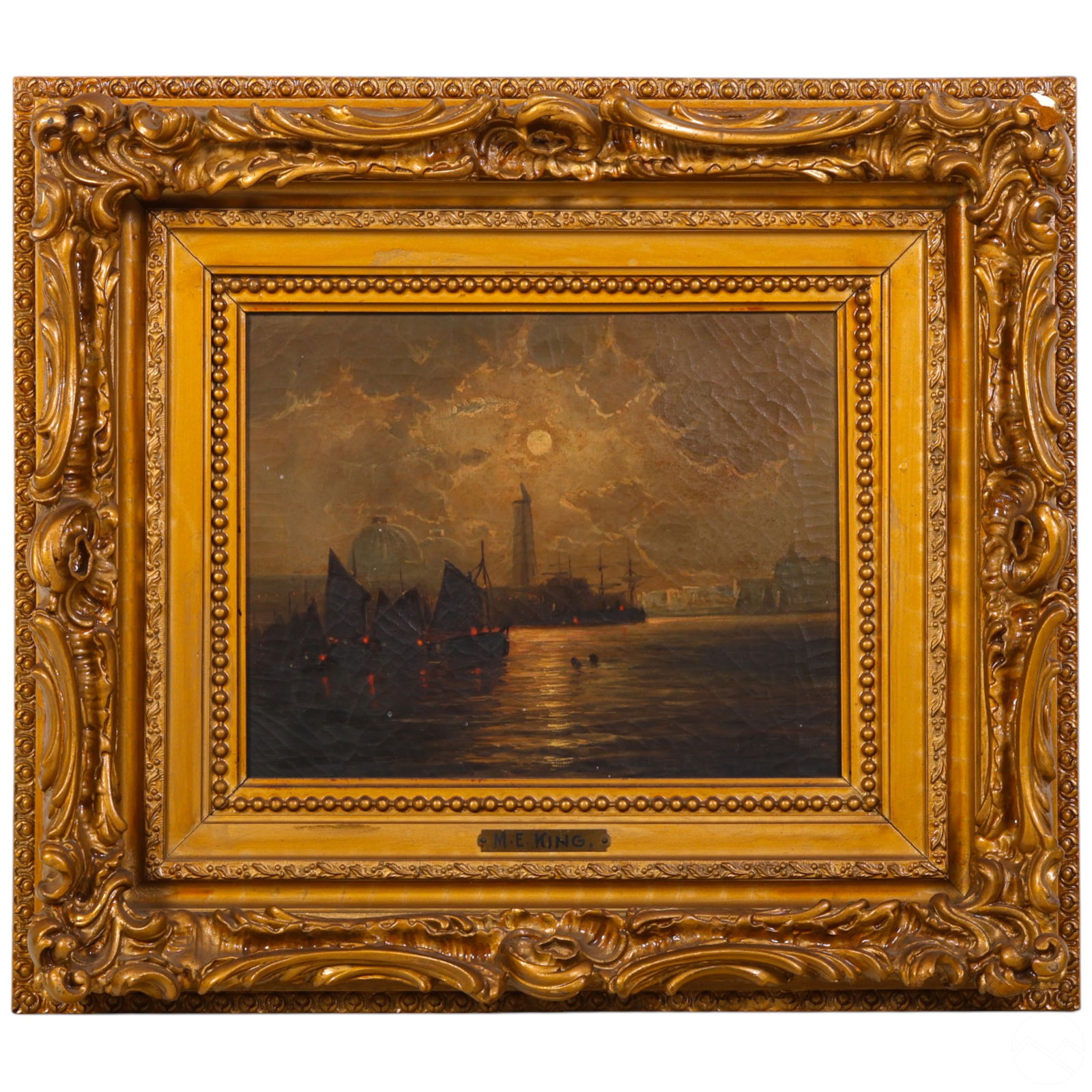 Mary E. King 1899-1991 Moonlit Harbor Oil Painting (1 of 6)