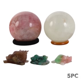 Natural Gemstone Spheres and Carved Figure 5pc LOT