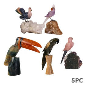 Natural Hardstone Carved Birds on Quartz 5pc LOT