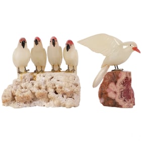 Carved Hardstone Bird Sculptures on Mineral Bases