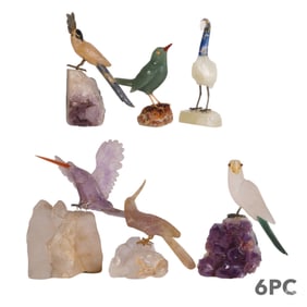 Hardstone Bird Sculptures on Crystal Bases 6pc LOT
