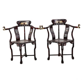 Chinese Pair of Wooden MOP Inlay Corner Armchairs