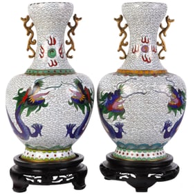 Chinese Export PAIR Cloisonne Dueling Dragon Vases