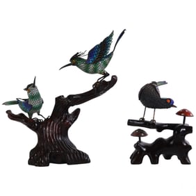 Chinese Silver Filigree Enamel Bird Figure 2pc LOT