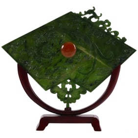 Chinese Carved Jade Fan Table Screen on Wood Stand