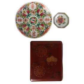 Chinese SIGNED Porcelain & Lacquer Box 3 PIECE LOT