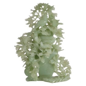 Chinese Hetian Jade Carved Floral Bird Covered Urn