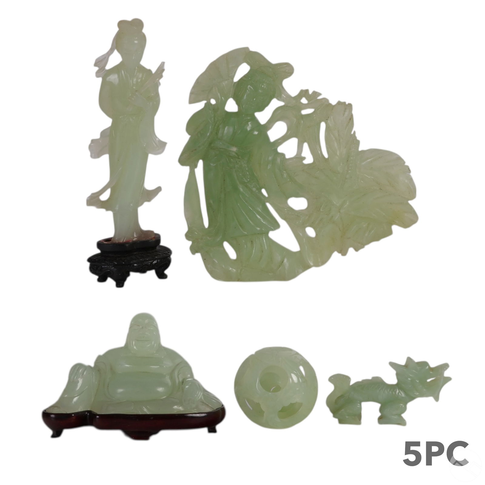 Chinese Jade Dragon Guanyin Buddha and Orb 5pc LOT: Chinese pale celadon jade estate lot comprising five carved figures and decorative objects. Includes a standing female deity figure on a hardwood stand, a thin female figure with fan among lotus leave