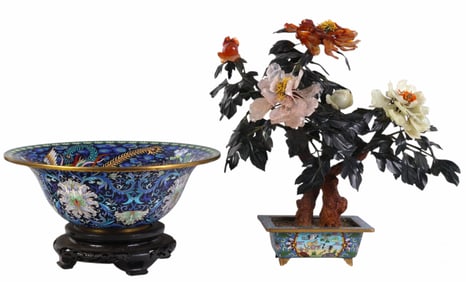 Chinese Gemstone Flower and Cloisonne Bowl 2pc LOT