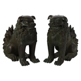 Japanese PAIR Bronze Foo Dog Guardian Lion Statues