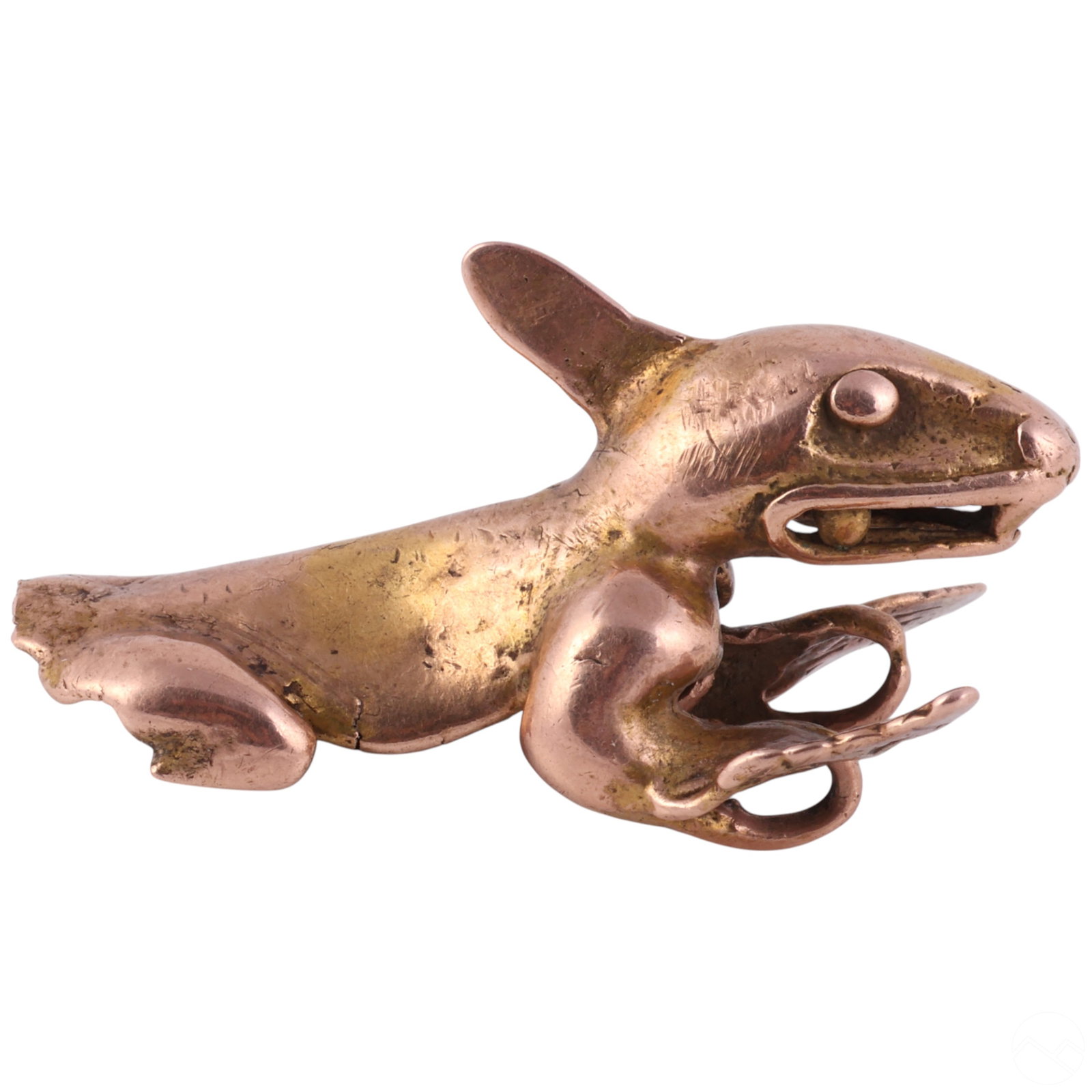 60% Gold Pre-Columbian Style Animal Pendant 9.8 gr: Attributed to an unknown maker, this figural animal pendant is crafted in the Pre-Columbian style from yellow tumbaga, a gold-copper-silver alloy traditionally used in ancient regional metalwork. The 