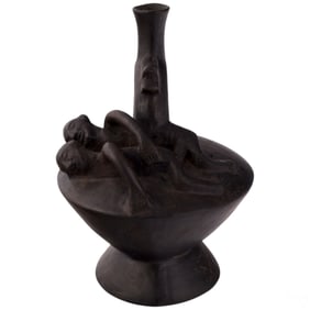 Moche Style Blackware Stirrup Vessel with Figures