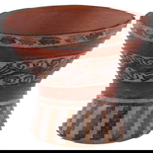 Polychrome Nazca-Style Bowl with Stylized Birds: Attributed to an unknown maker, this Pre-Columbian style Nazca ceremonial bowl, likely from Peru, features polychrome bird motifs in a continuous band on a cream ground, framed by geometric borders an
