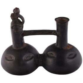 Double-Chambered Andean Style Ritual Clay Vessel