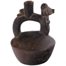 Moche Style Clay Pottery Stirrup Vessel with Faces